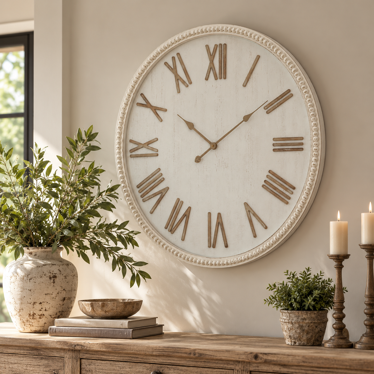 Large white beaded wall clock with Roman numerals above a wooden sideboard