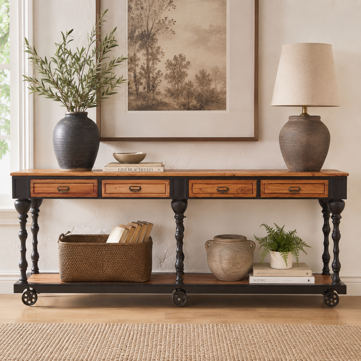 Forma 4 drawer console table styled with a lamp and plants and decor items