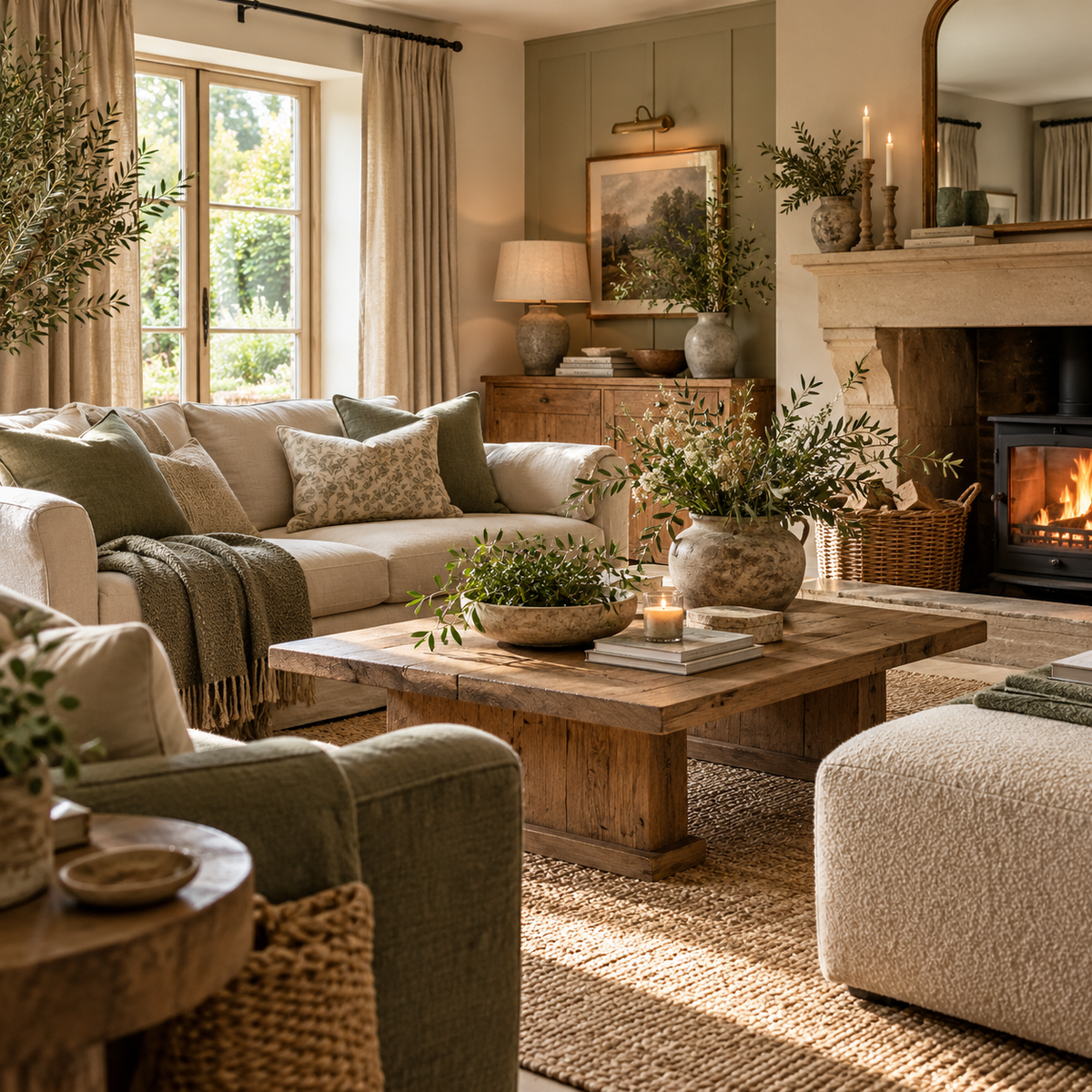 Rustic living room styled by Green & Gable, with a cream sofa, sage cushions and throw, reclaimed wood coffee table, jute rug and stone fireplace with log burner