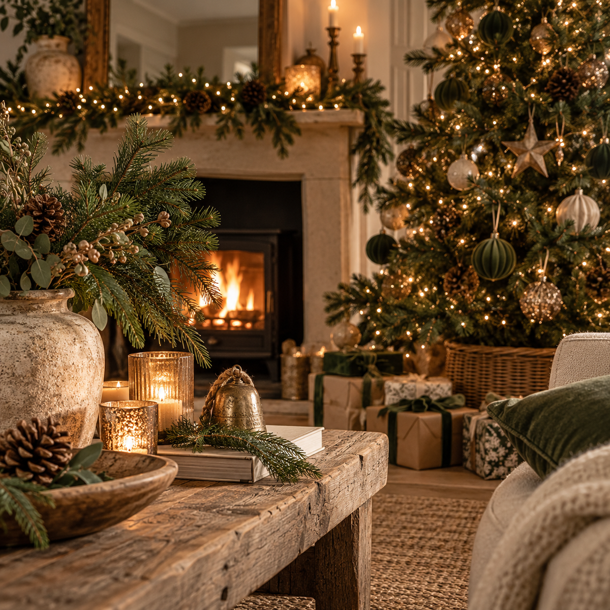 Living room decorated for Christmas with a garland over the fireplace, candles and a decorated tree