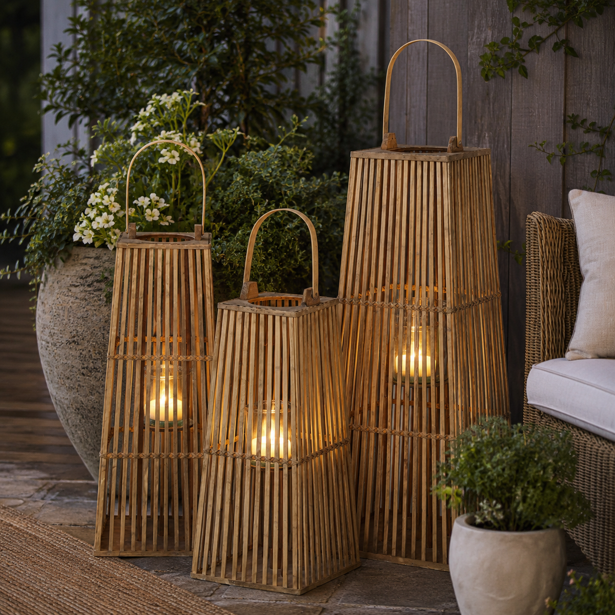 Silo woven wicker candle lantern with glass holder