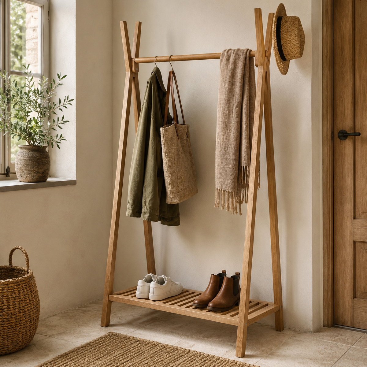 Totem oak clothes and shoe rail in a sunlit hallway, hung with an olive jacket, a woven tote and a scarf, with a straw hat on the forked top and boots on the slatted shelf