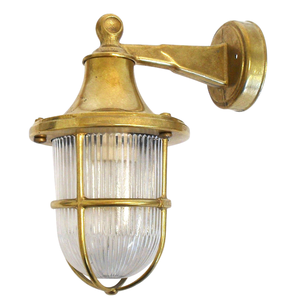 Raw brass tiller wall lantern against a white background