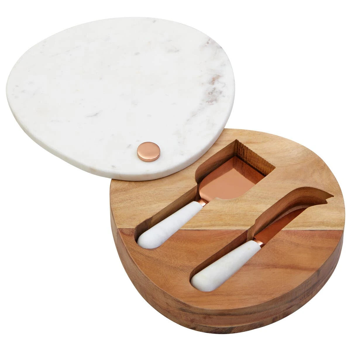 The Loxley Cheese Knife and Board Set swivelled open, showing the two marble-handled knives stored in the wooden base.