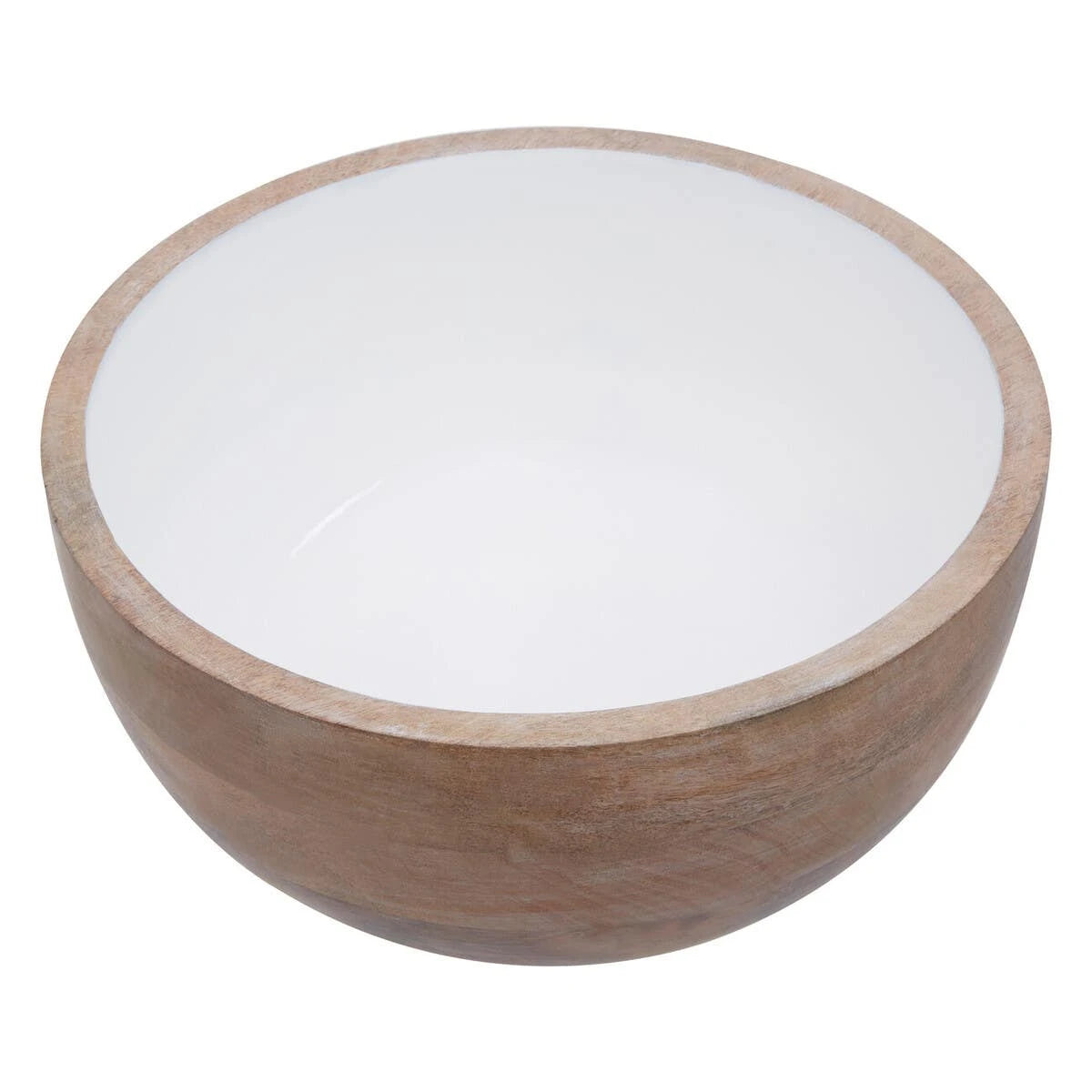 The Solace Mango Wood Round Serving Bowl, showing its natural mango wood outside and smooth white interior.