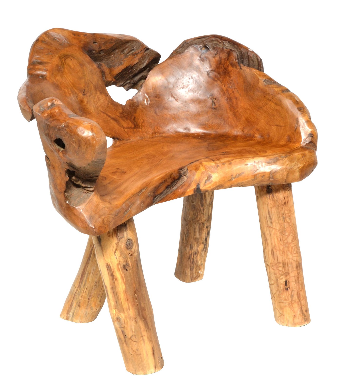 Wooden chair with natural, rustic design on a white background
