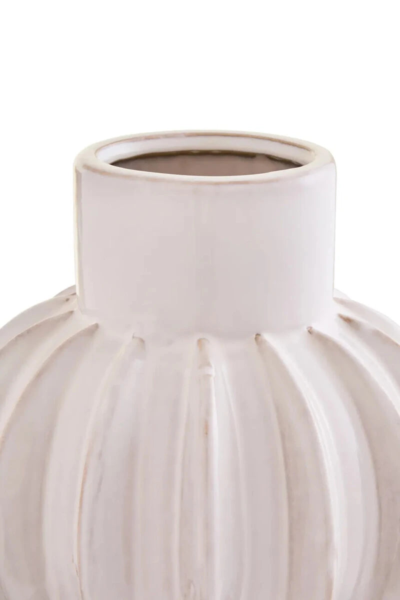 Close-up of the neck and ribbed body of the Freya cream bubble vase