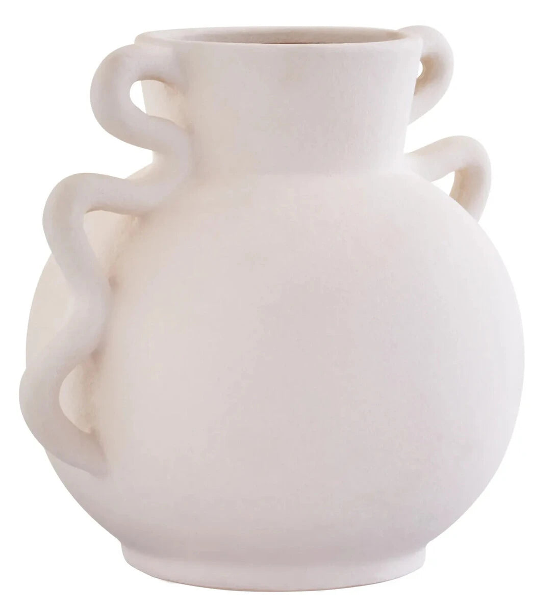 Tova White Wide Vase with Abstract Handles, showing the glazed finish.
