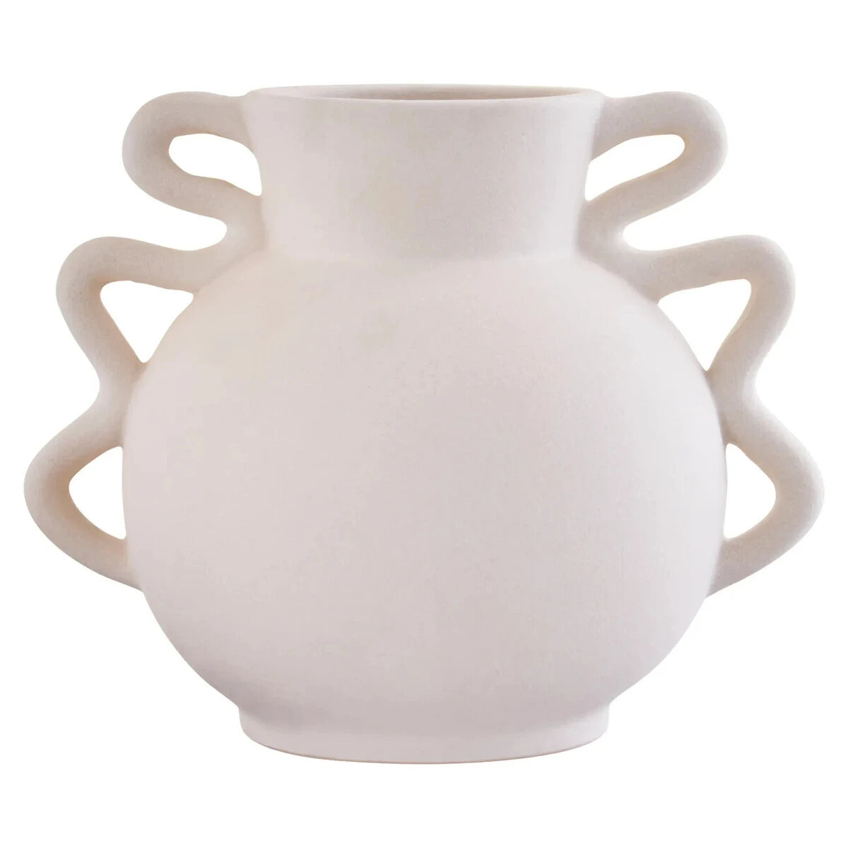 Tova White Wide Vase with Abstract Handles, a wide white glazed stoneware vase with a pair of sculptural abstract handles.