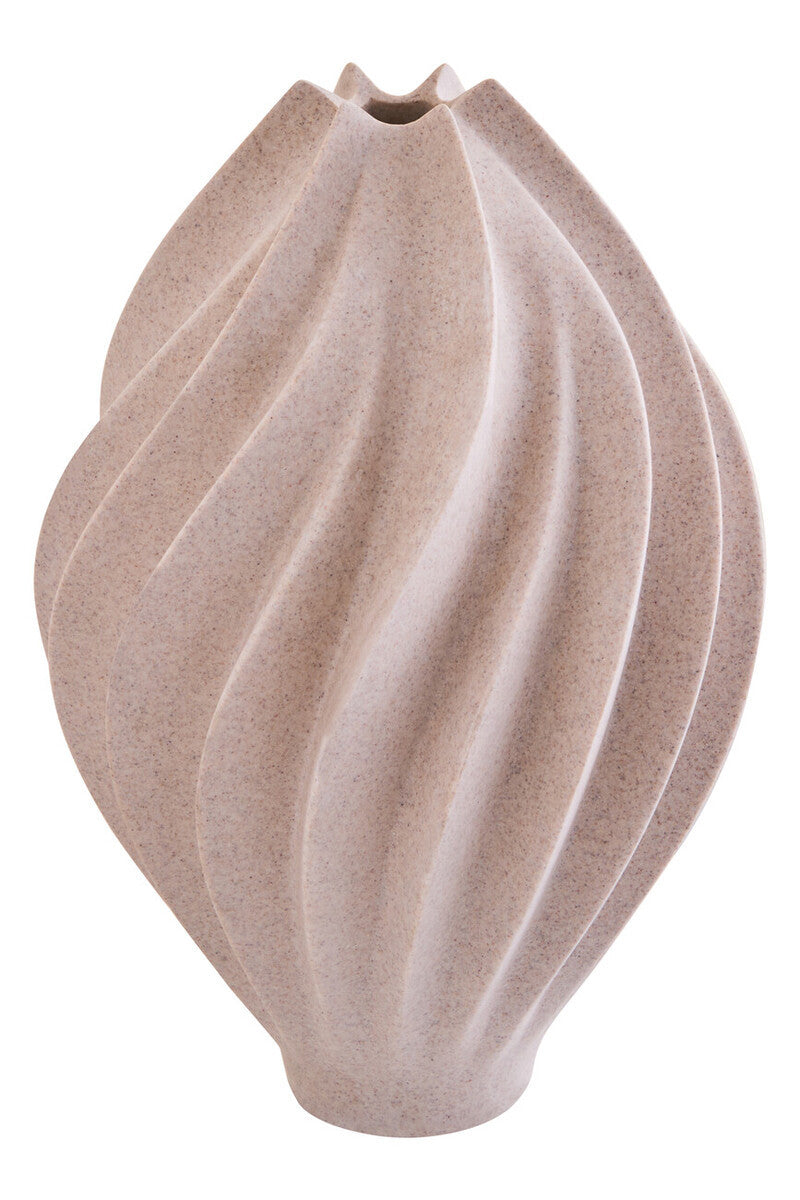Beige ceramic vase with textured surface on a white background