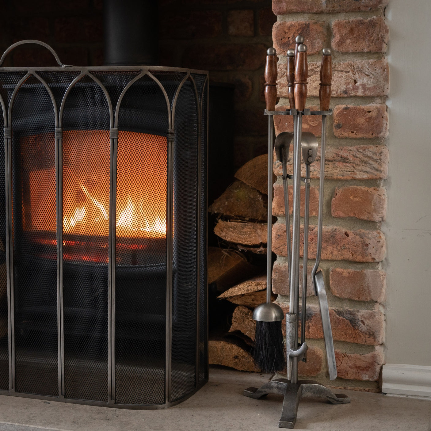 Hand Turned Antique Pewter Companion Set With Wooden Handles