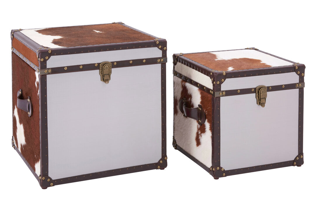 Westbury House Brown And White Cowhide Storage Trunk Set