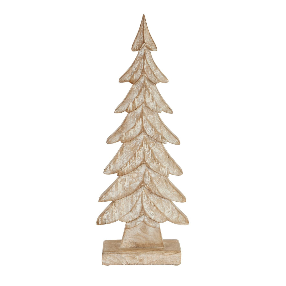 Large Carved Wood Christmas Tree in whitewashed carved wood on a block base