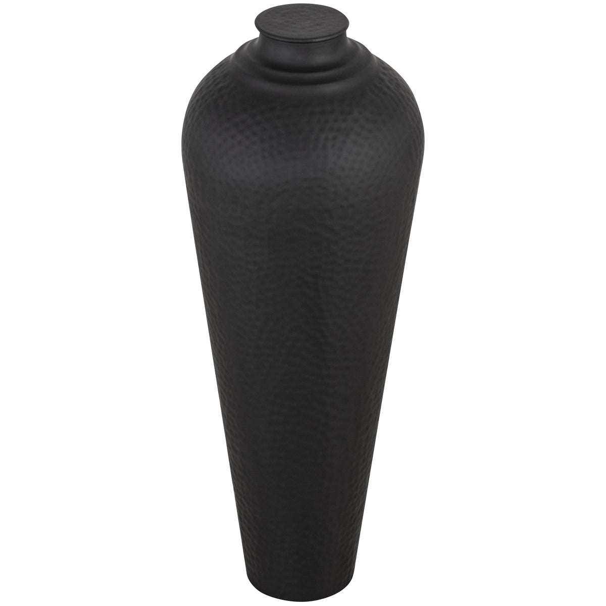 Black textured vase with lid on a white background