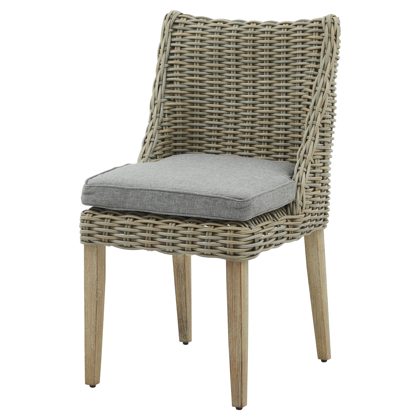 Outdoor dining chair with wicker backrest and grey seat cushion on a white background