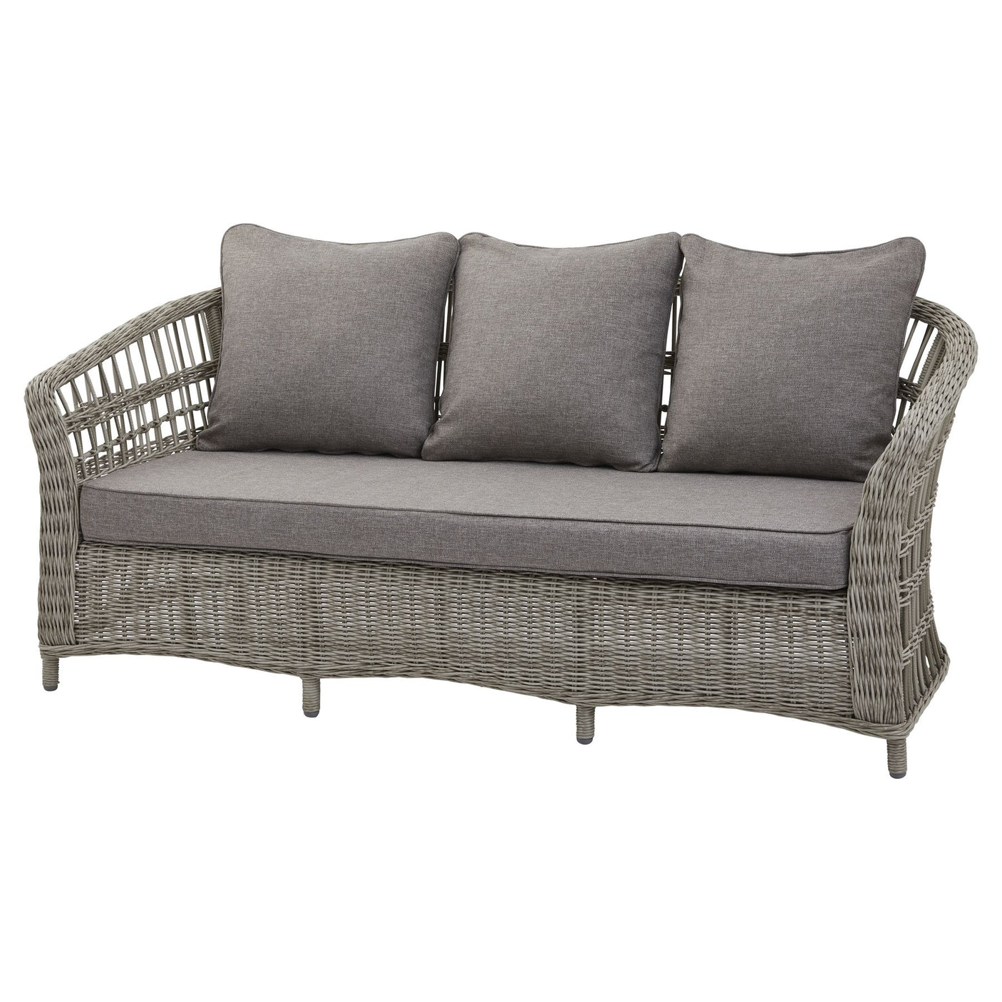 Wicker outdoor sofa with grey cushions on a white background