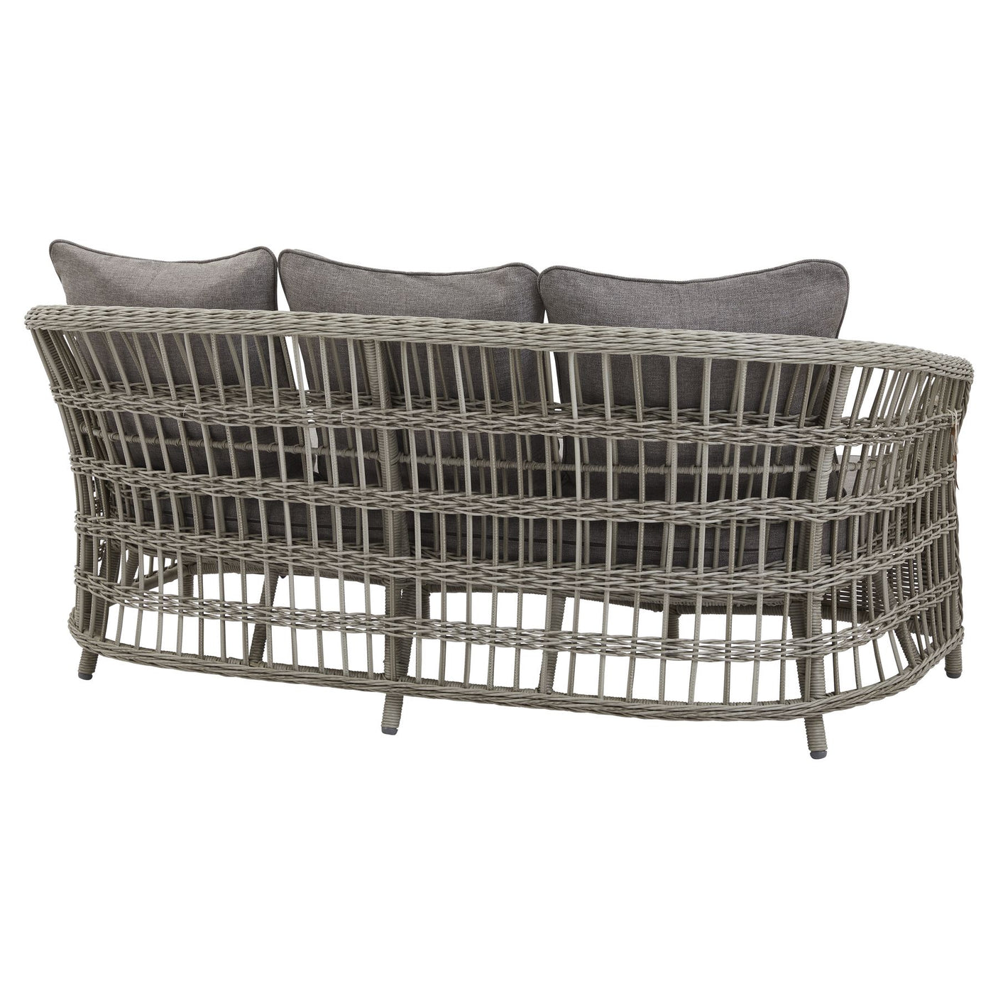 Rear view of a wicker outdoor sofa with three grey cushions on a white background