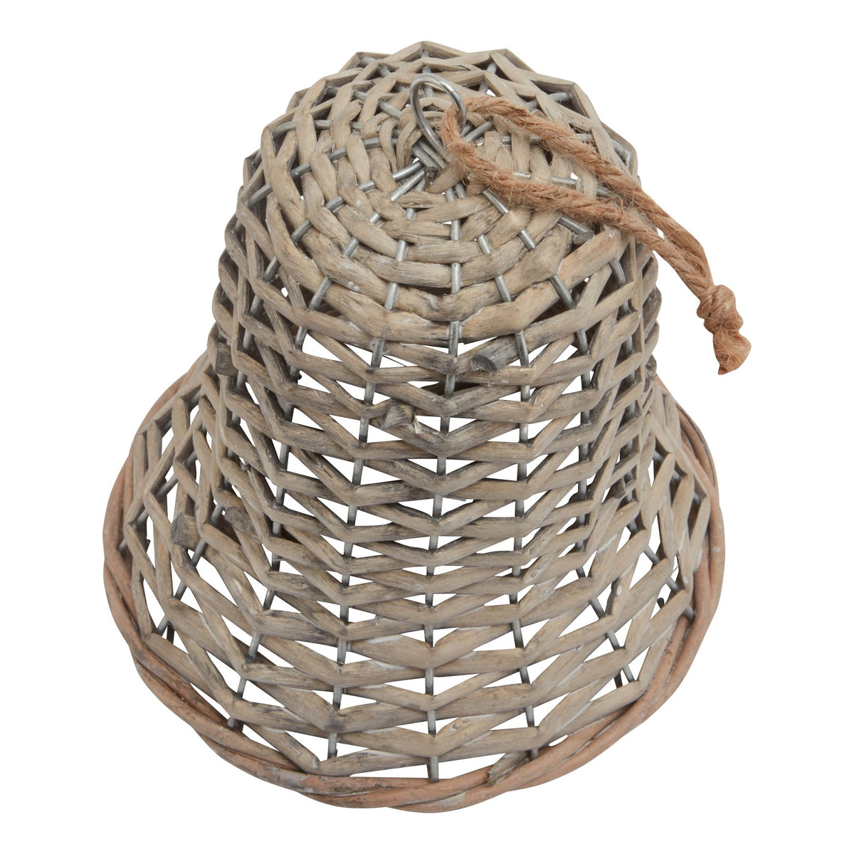 Top view of the wicker bell showing the weave and jute hanging loop