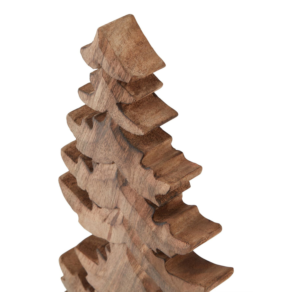 Close-up of the layered carved branches of the large natural wooden tree