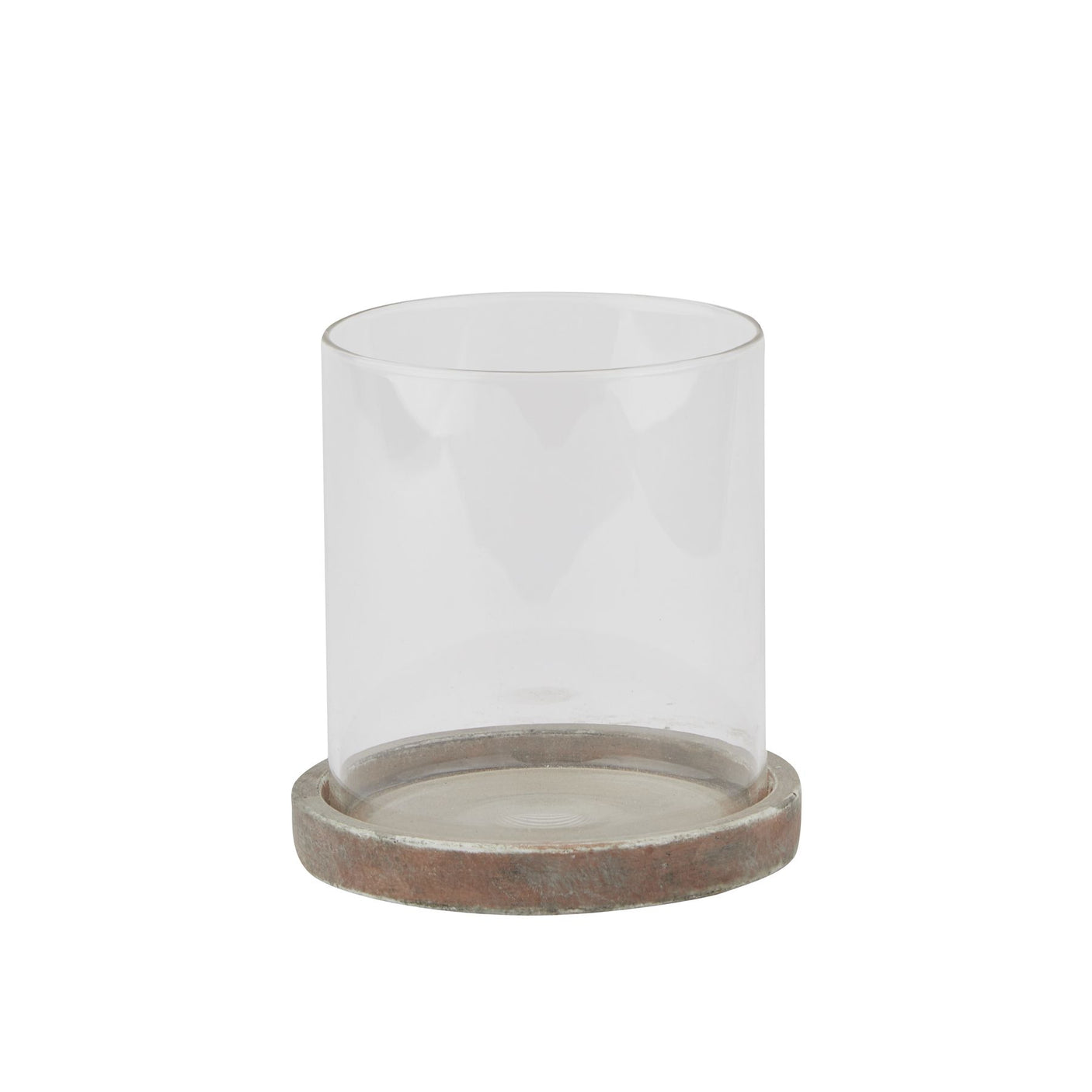 A cylindrical Siena Brown Hurricane Lantern with a clear glass panel and a brown base, likely made of ceramic or clay.