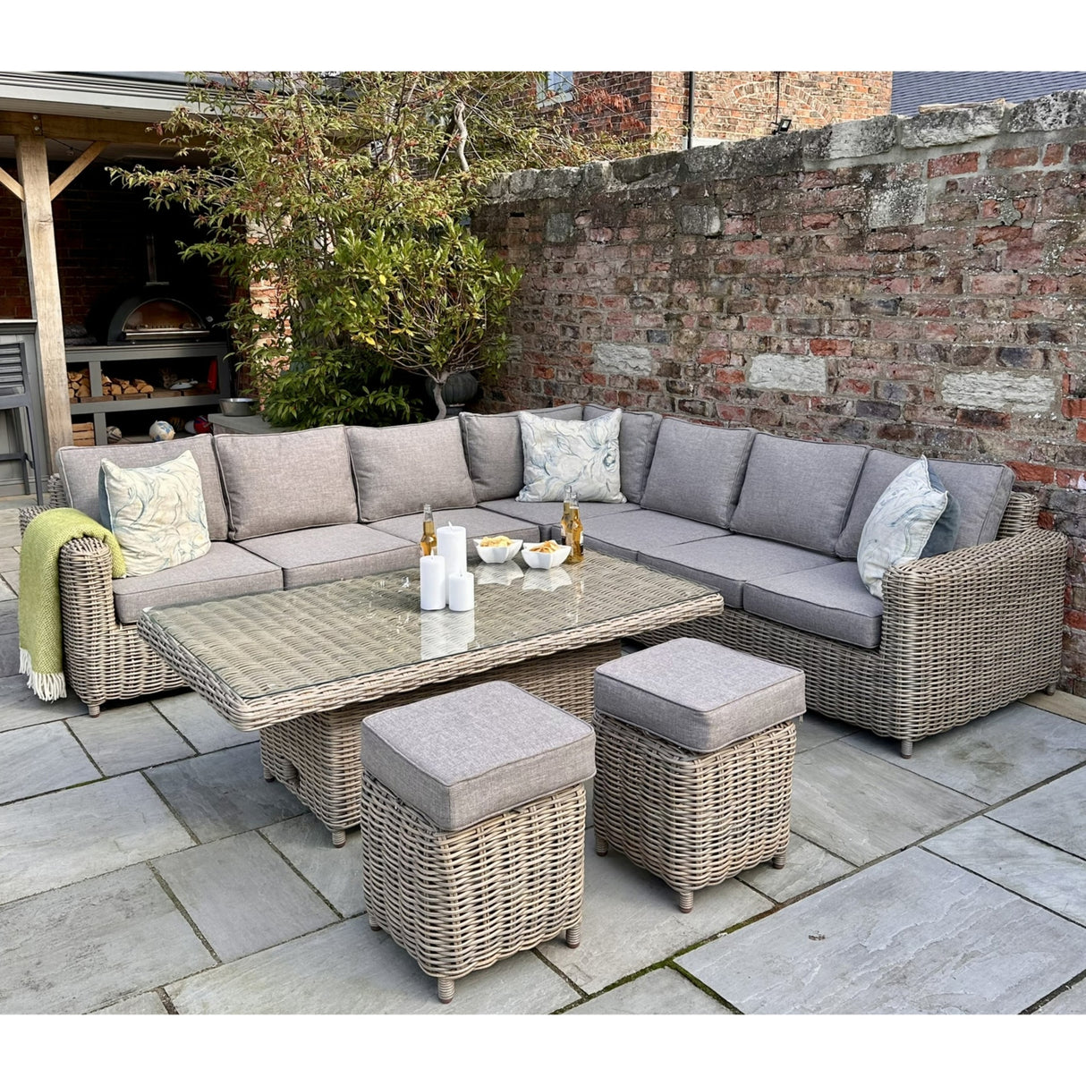 Amalfi Large Outdoor Corner Sofa Set With Riser Table And Stools