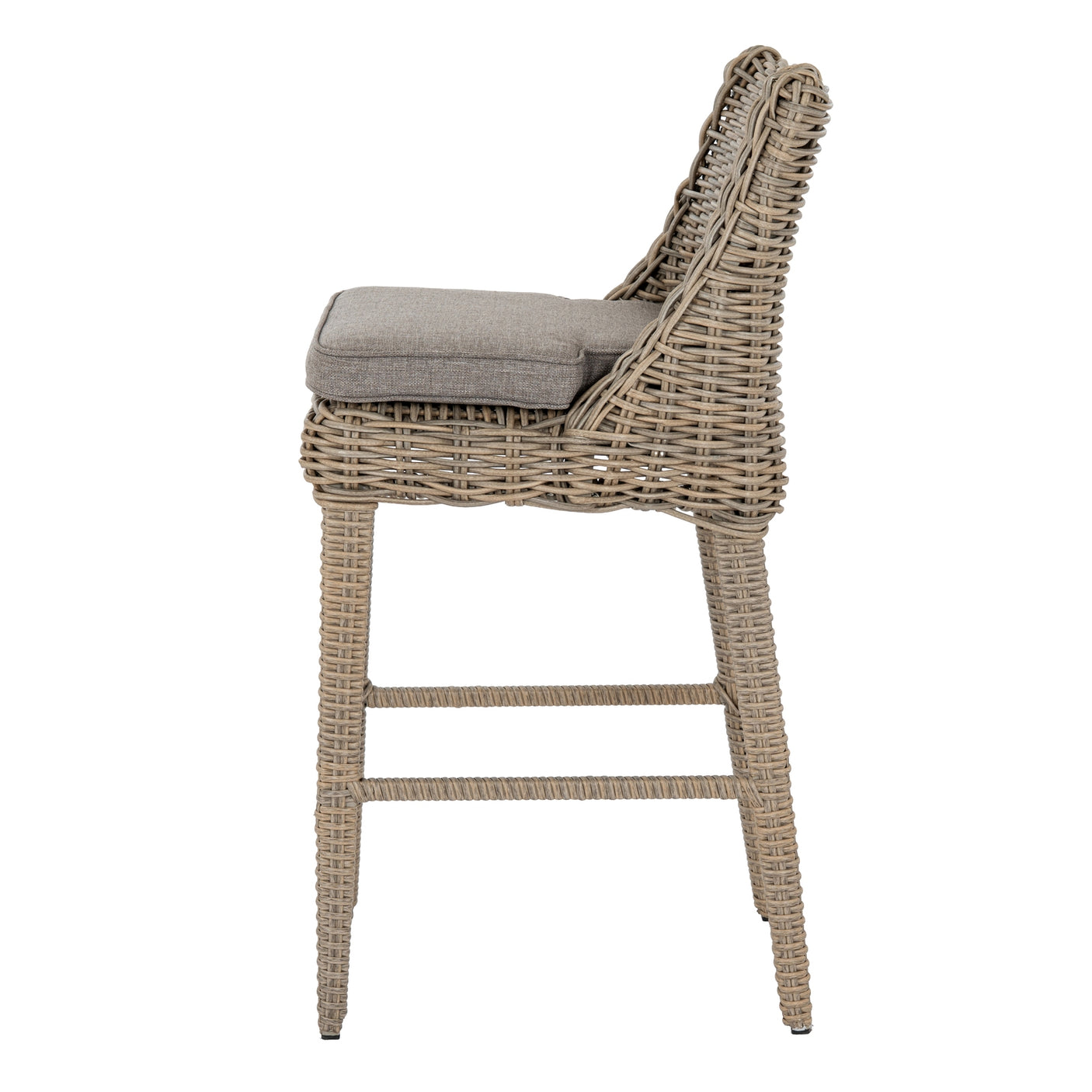 Wicker bar stool with cushioned seat on a white background