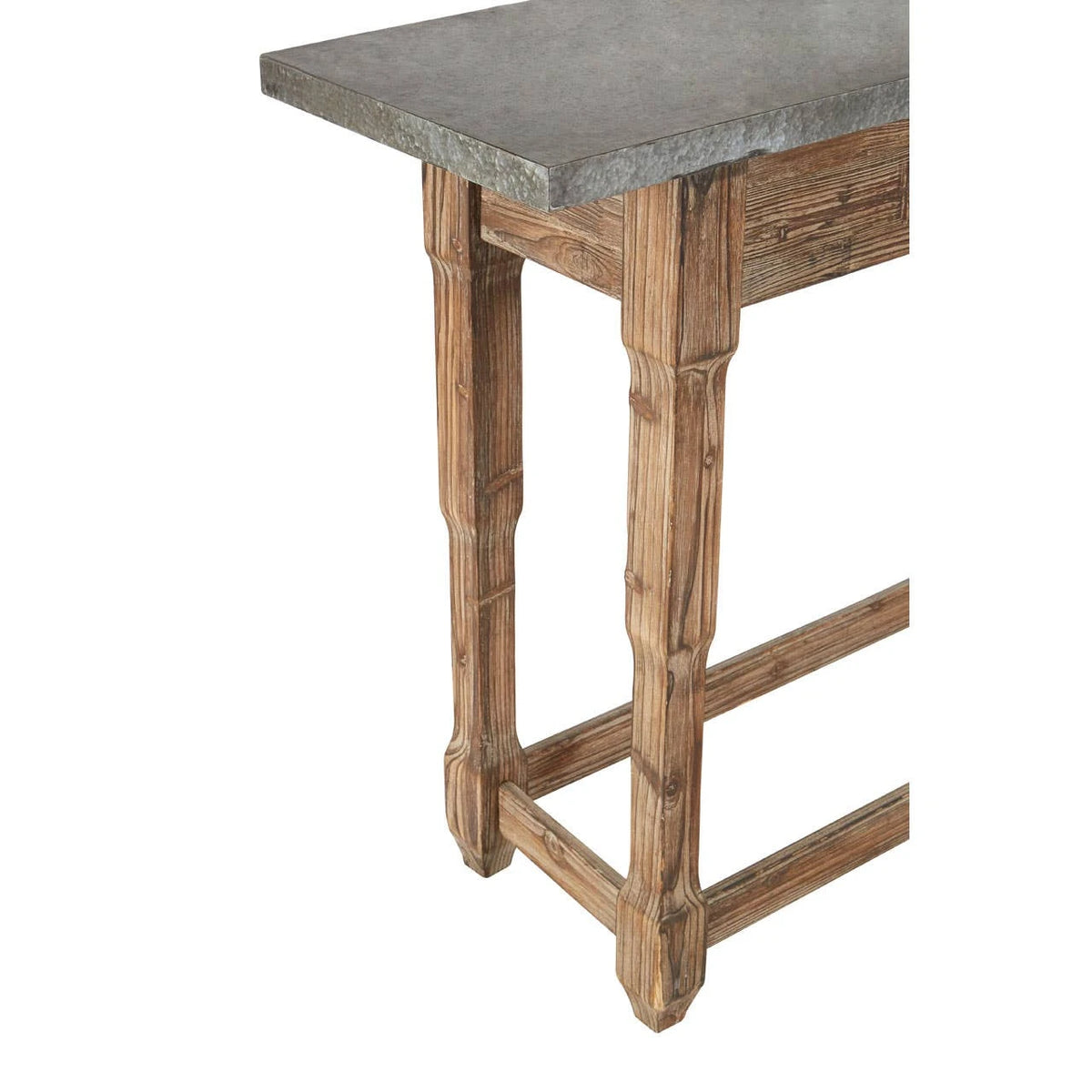 Close-up of the distressed wood legs and stretchers on the Hatherley console table
