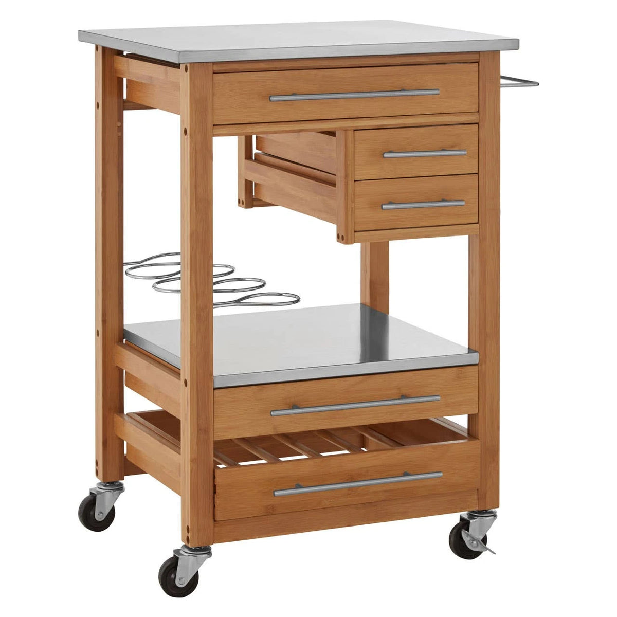 The Homestead Bamboo Kitchen Trolley from a three-quarter angle, showing the drawers, chrome bottle rack and stainless steel shelf.