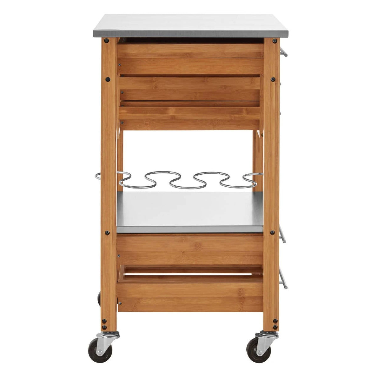 Side view of the Homestead Bamboo Kitchen Trolley, showing the chrome bottle rack and stainless steel shelf.