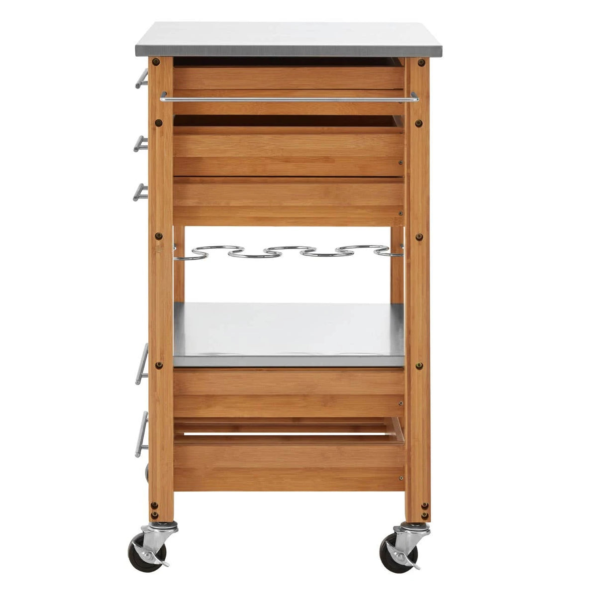 Side view of the Homestead Bamboo Kitchen Trolley, showing the towel rail and lockable castors.