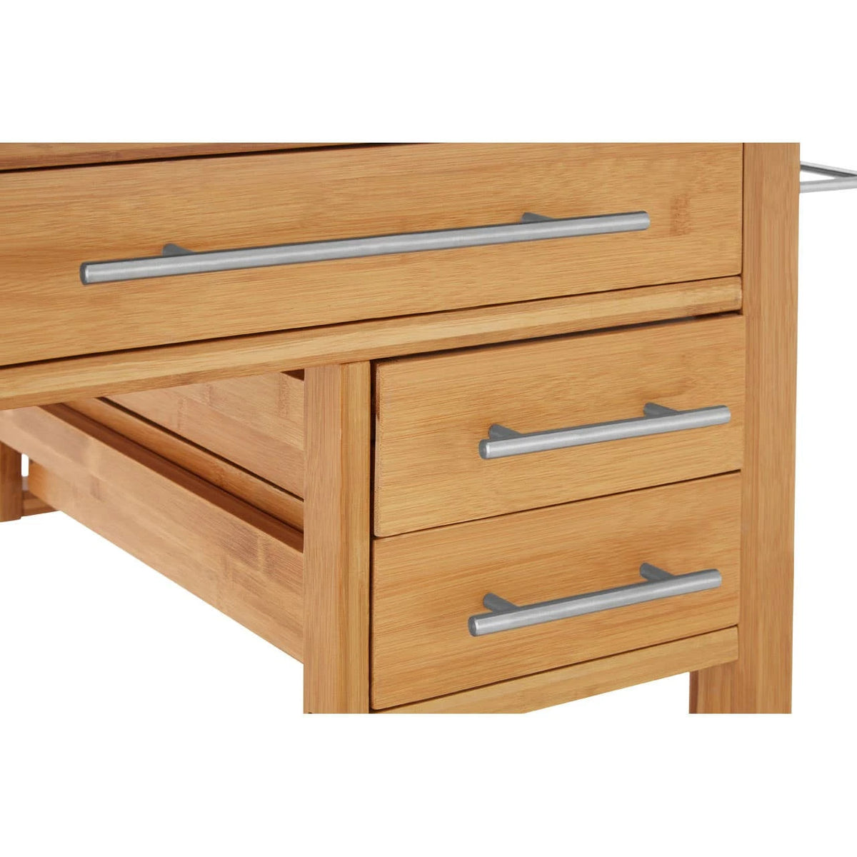 Close-up of the bamboo drawers and steel bar handles on the Homestead Kitchen Trolley.