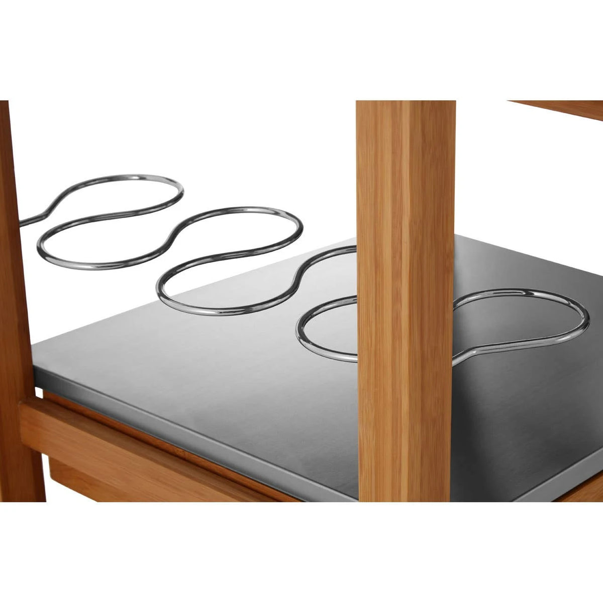 Close-up of the chrome bottle rack on the stainless steel shelf of the Homestead Kitchen Trolley.