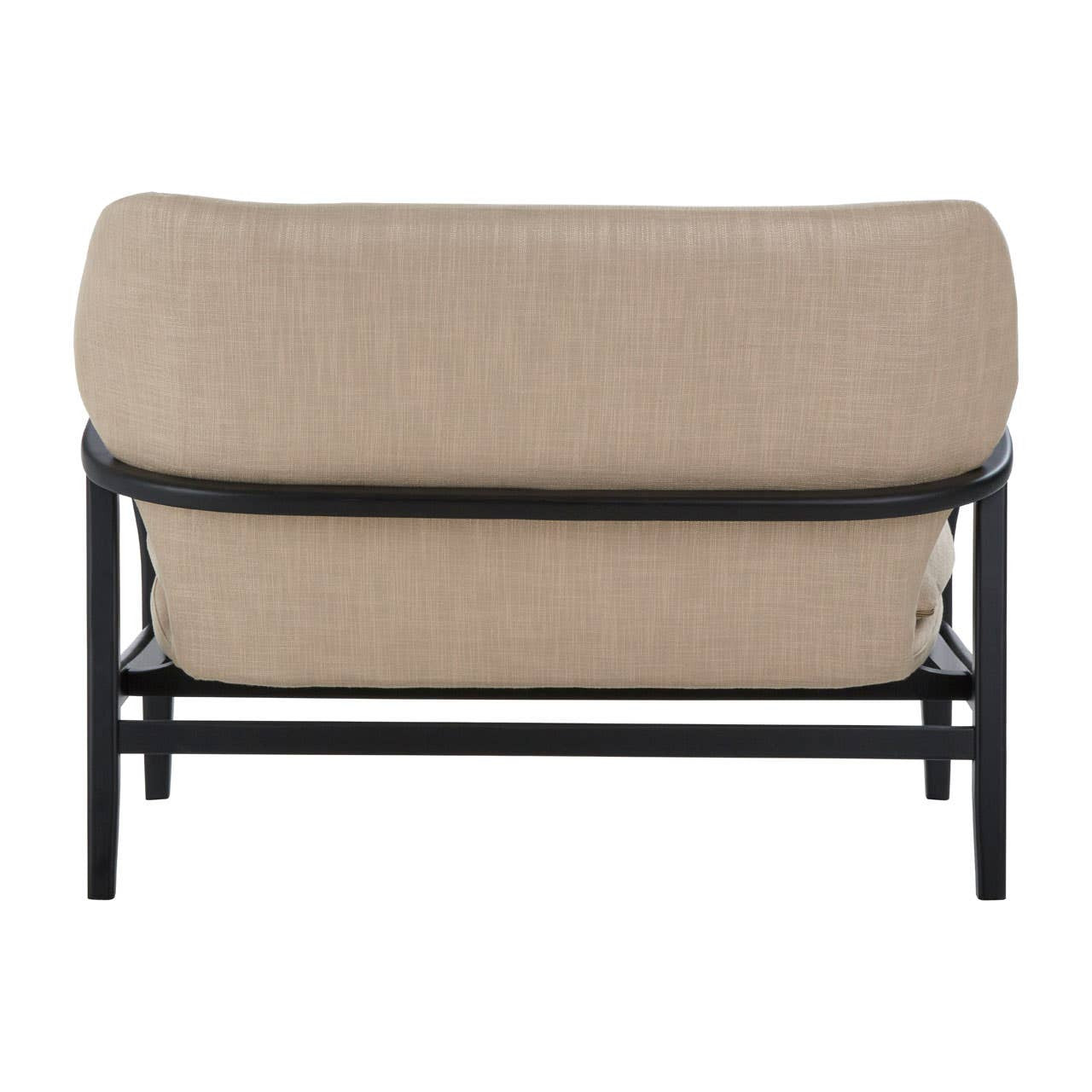 Back view of beige linen two seater sofa with black wood frame on a white background