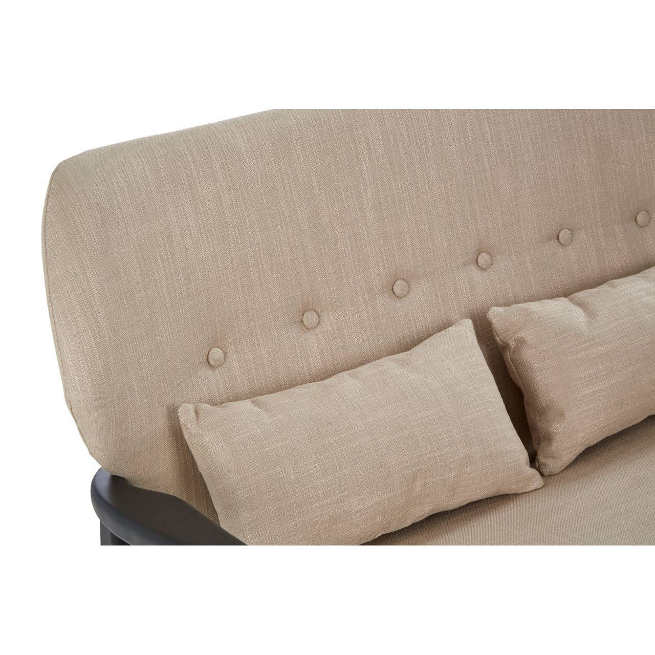 Backrest of beige linen two seater sofa with cushions on a white background