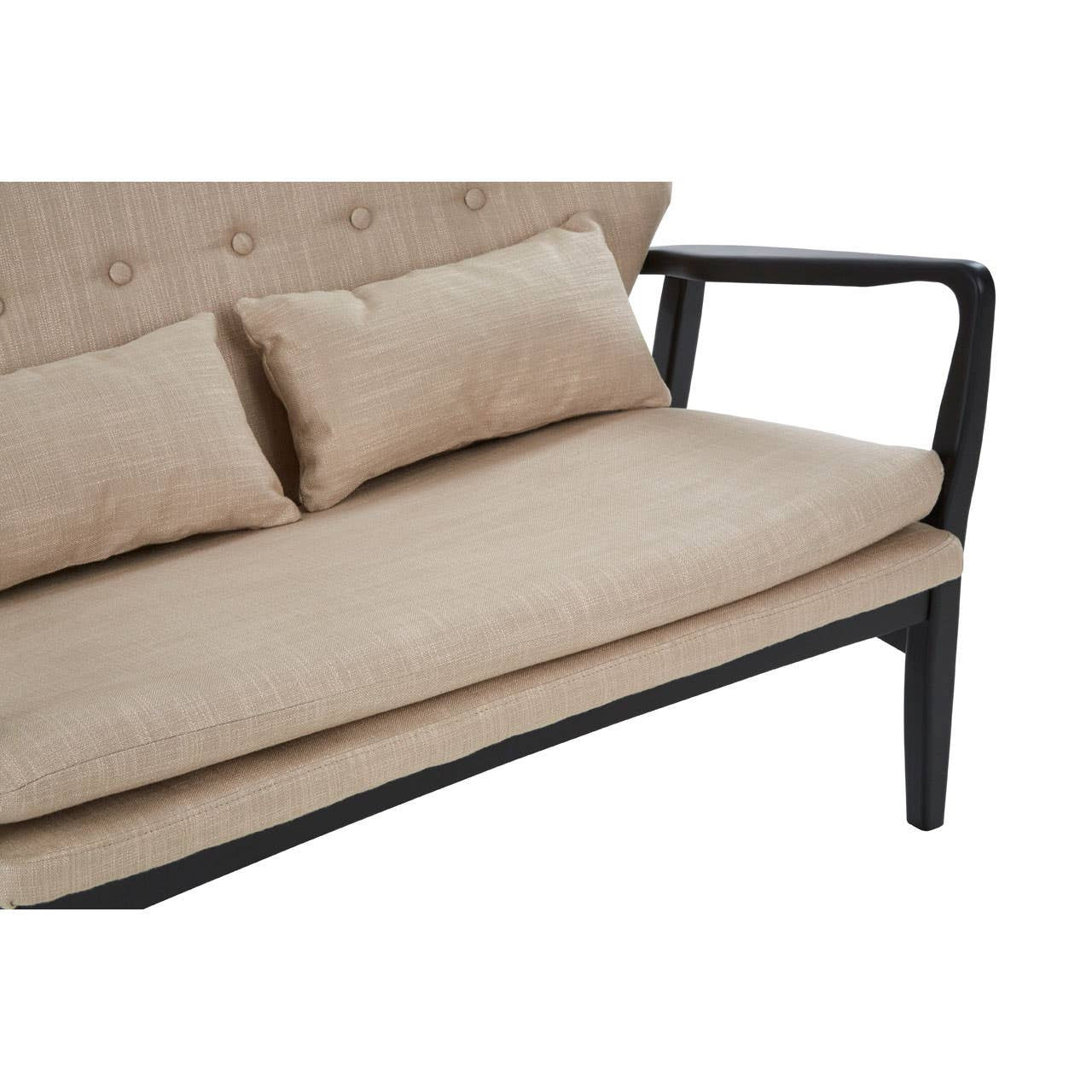 Beige linen two seater sofa with black wood frame with a white background