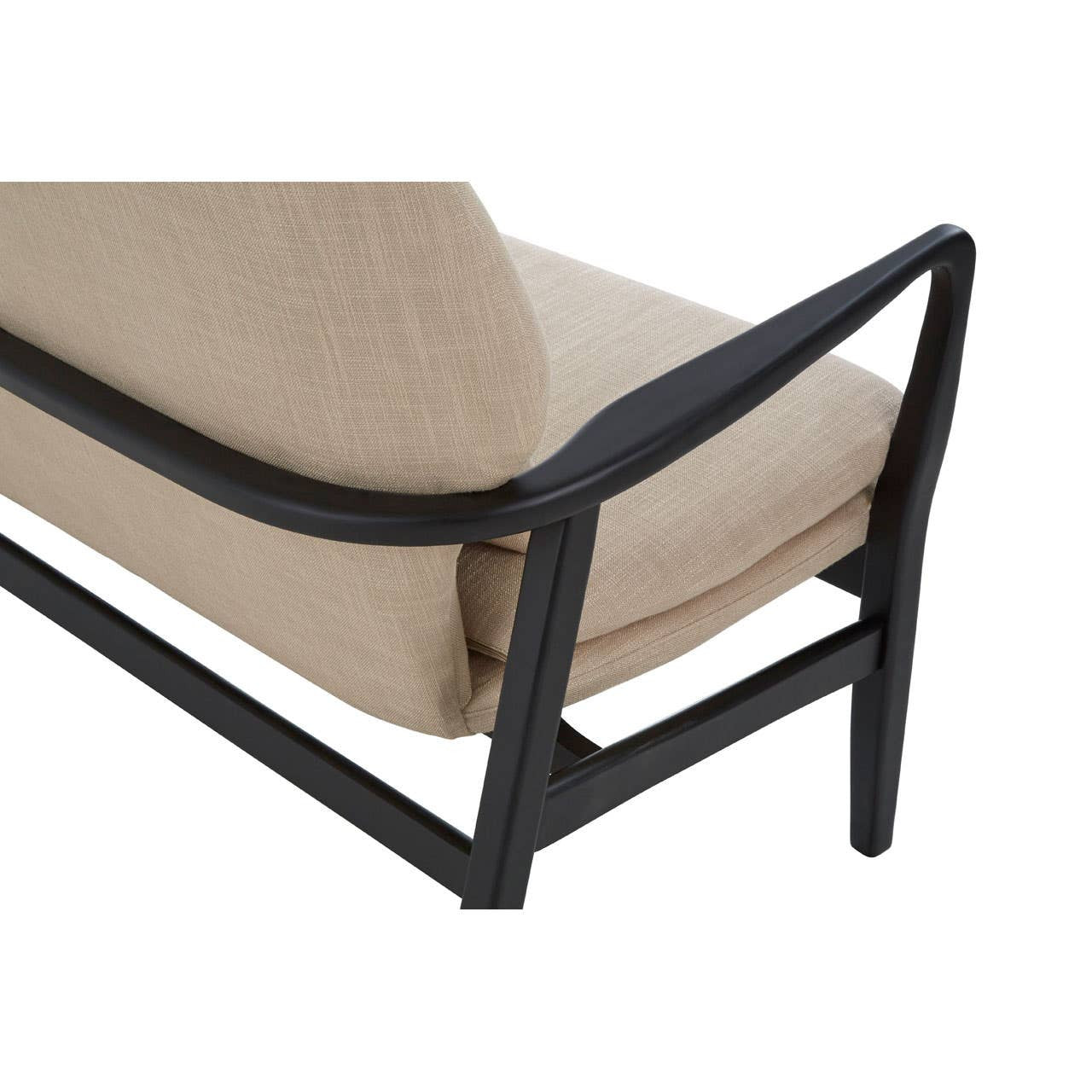 Beige linen two seater sofa with black wood frame