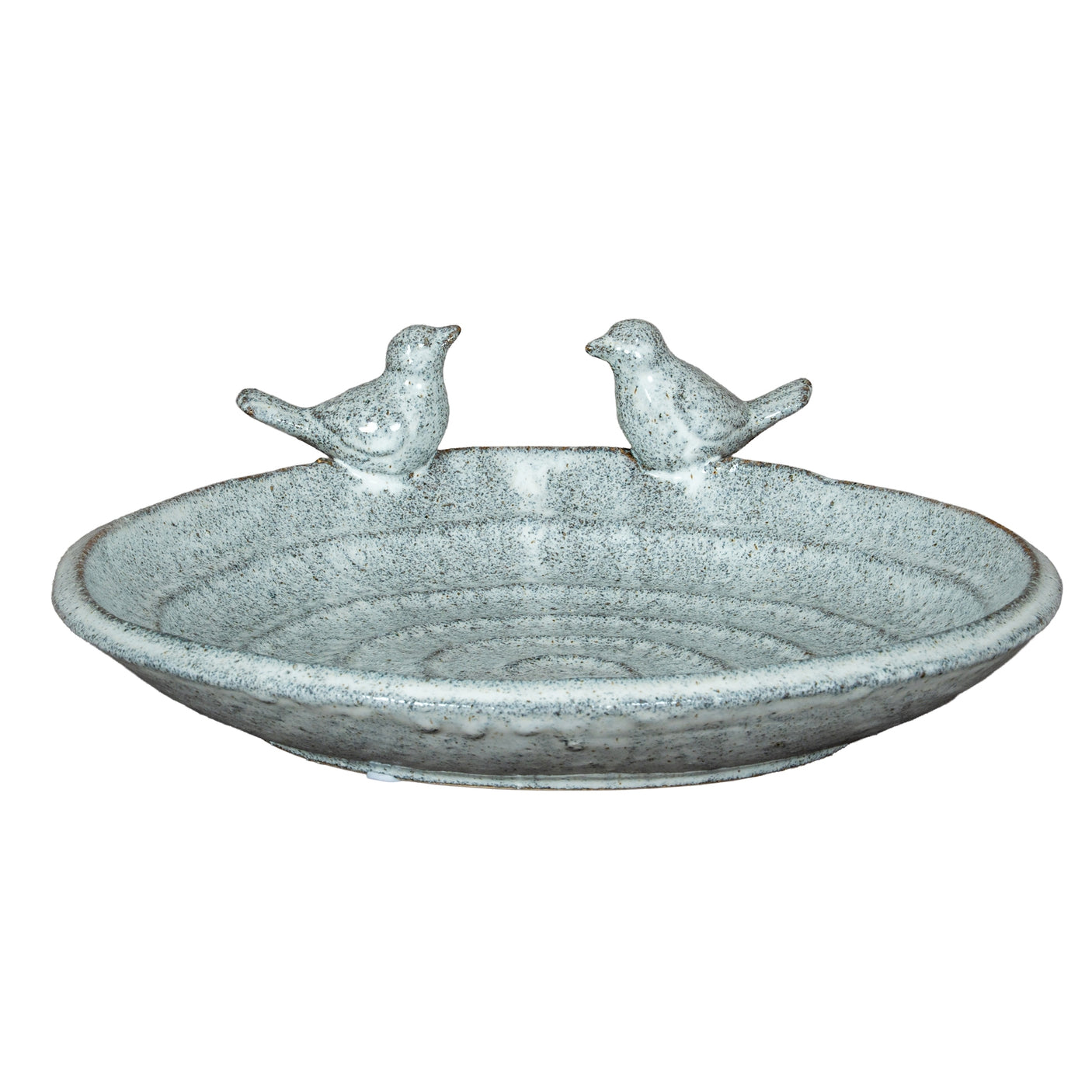 Decorative stone bird bath with two small bird figurines on a white background