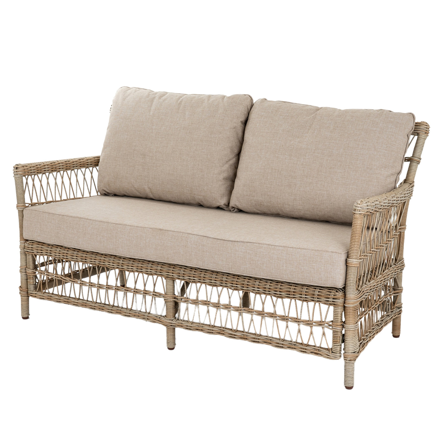 Wicker outdoor sofa with beige cushions on a white background
