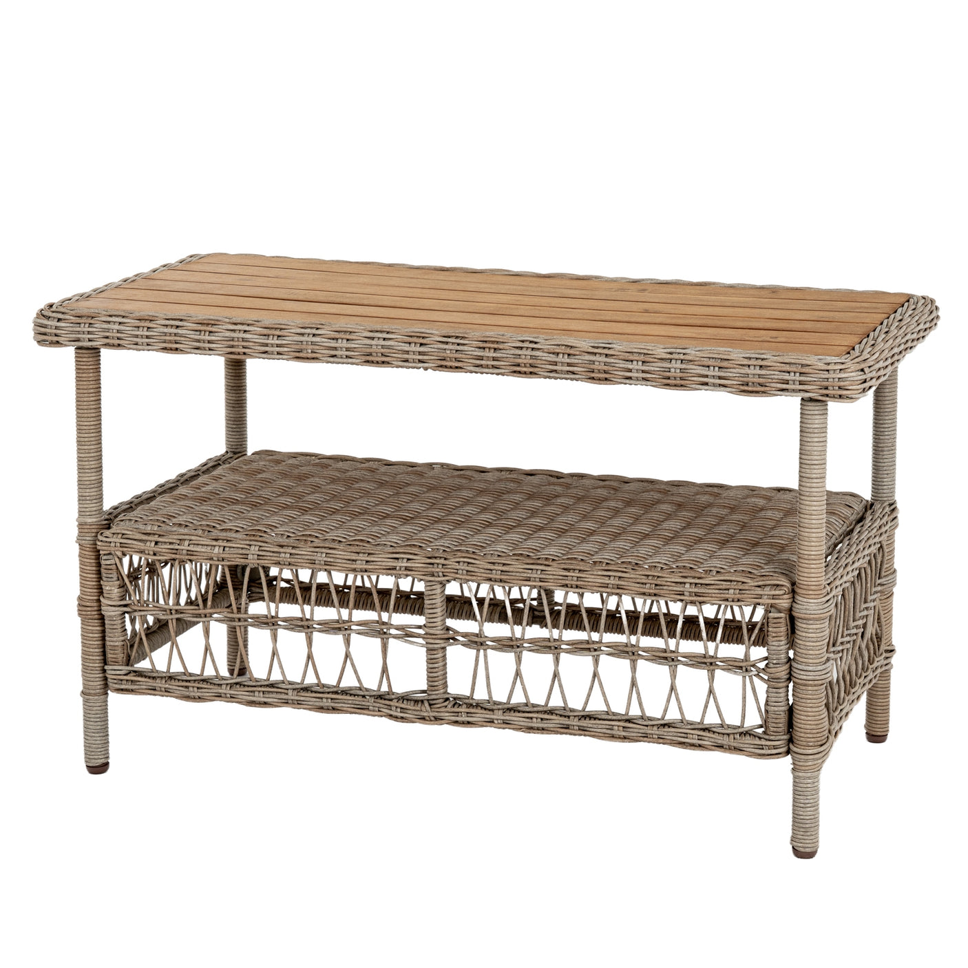 Wicker coffee table with a wooden top on a white background