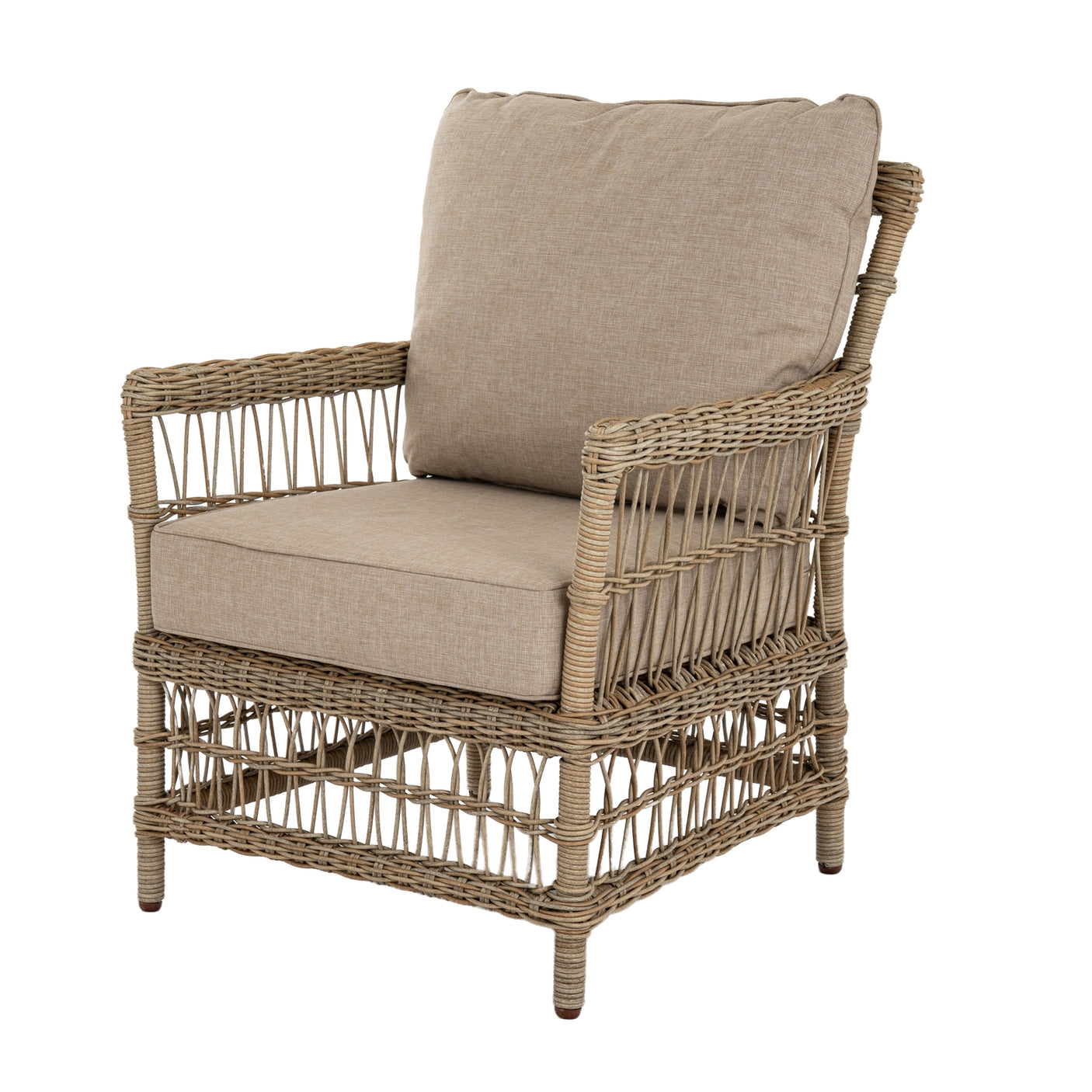 Wicker armchair with beige cushions on a white background