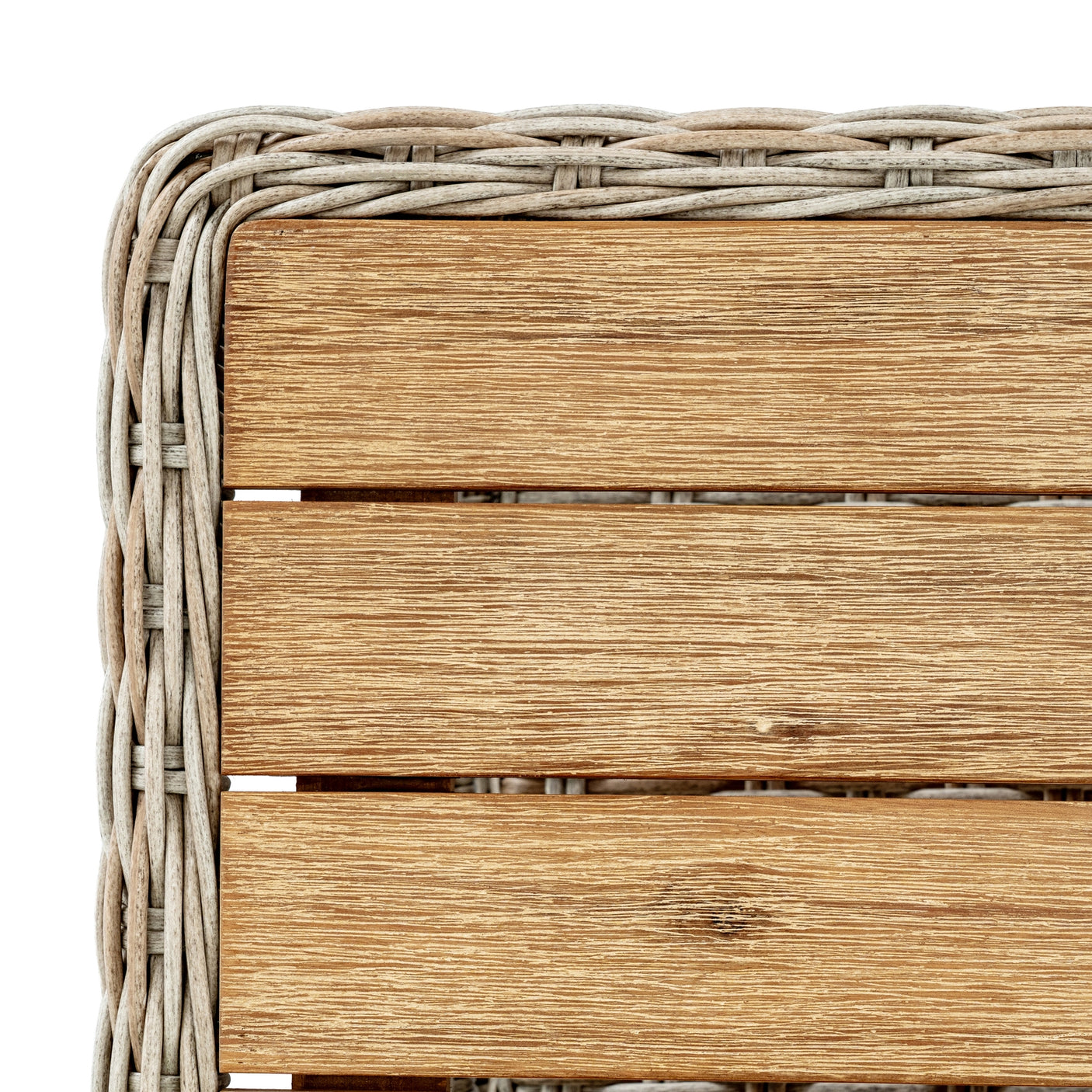 Close-up of a wicker table with a wooden top on a white background