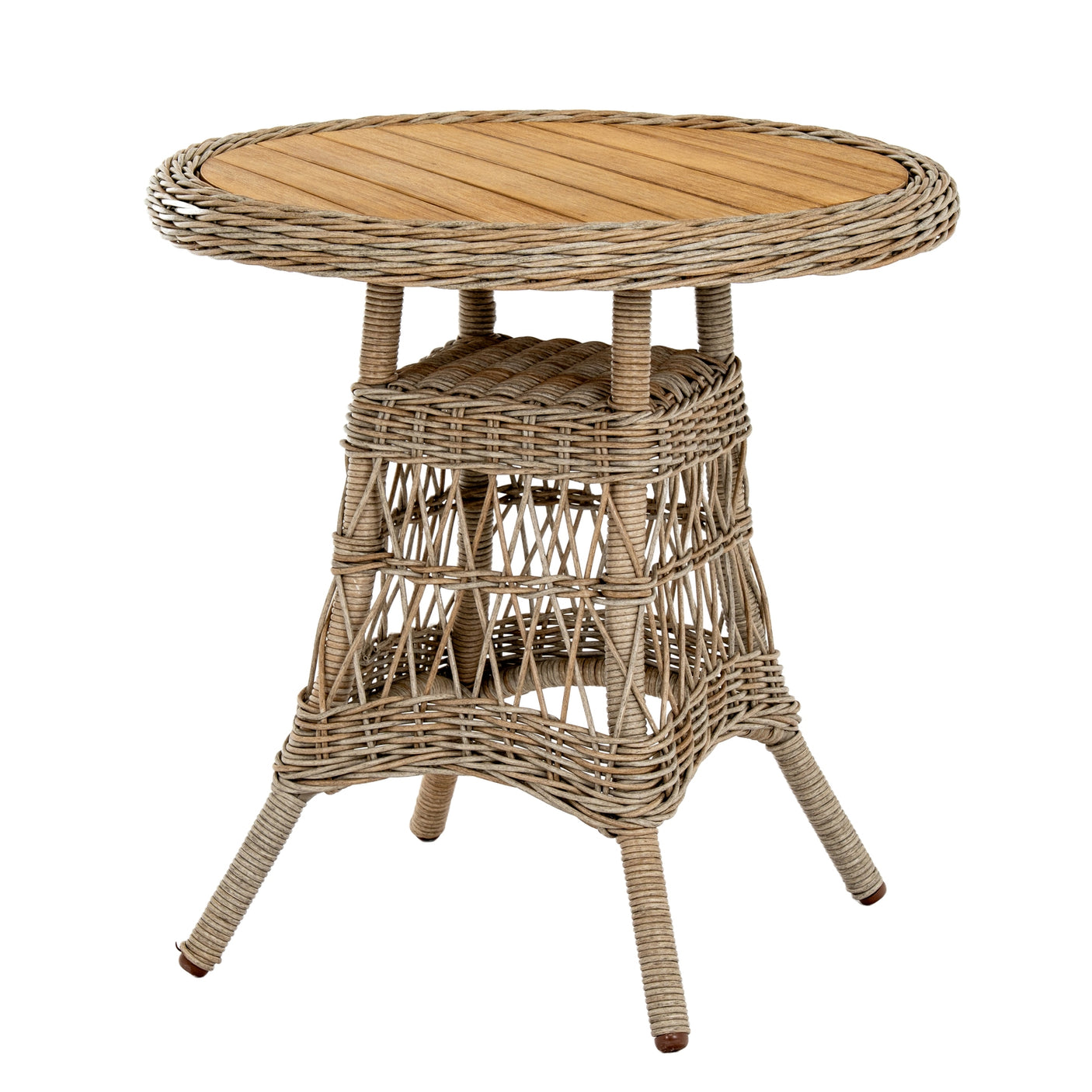 Round wicker table with wooden top on a white background