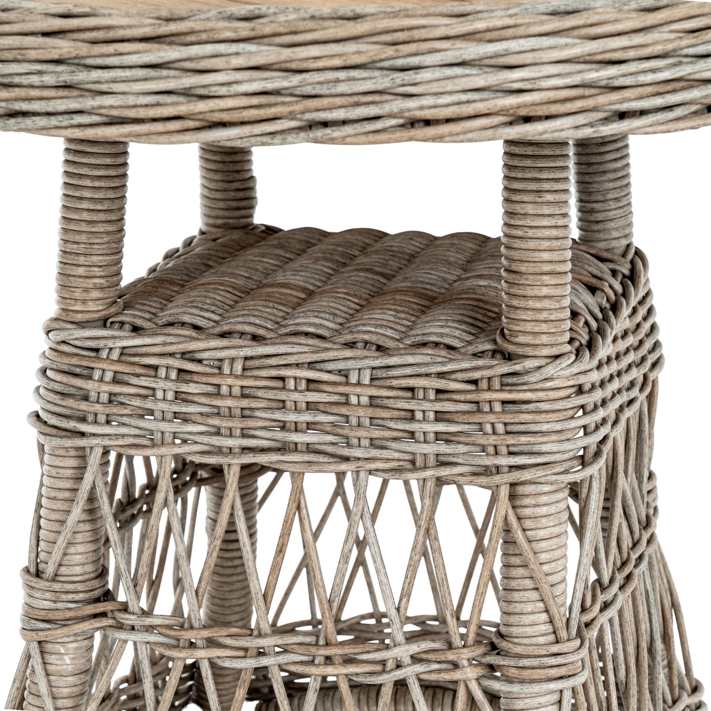 Close-up of a wicker bistro table with a natural brown finish on a white background