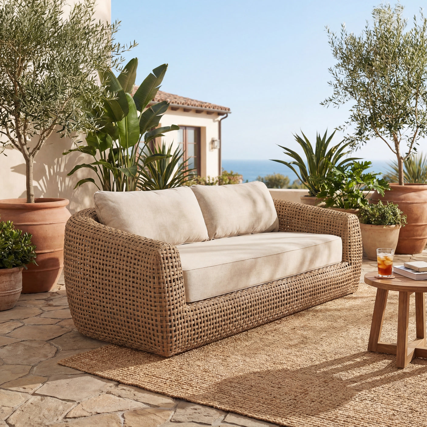 Wicker outdoor sofa with beige cushions on a patio with plants and a view of the ocean.