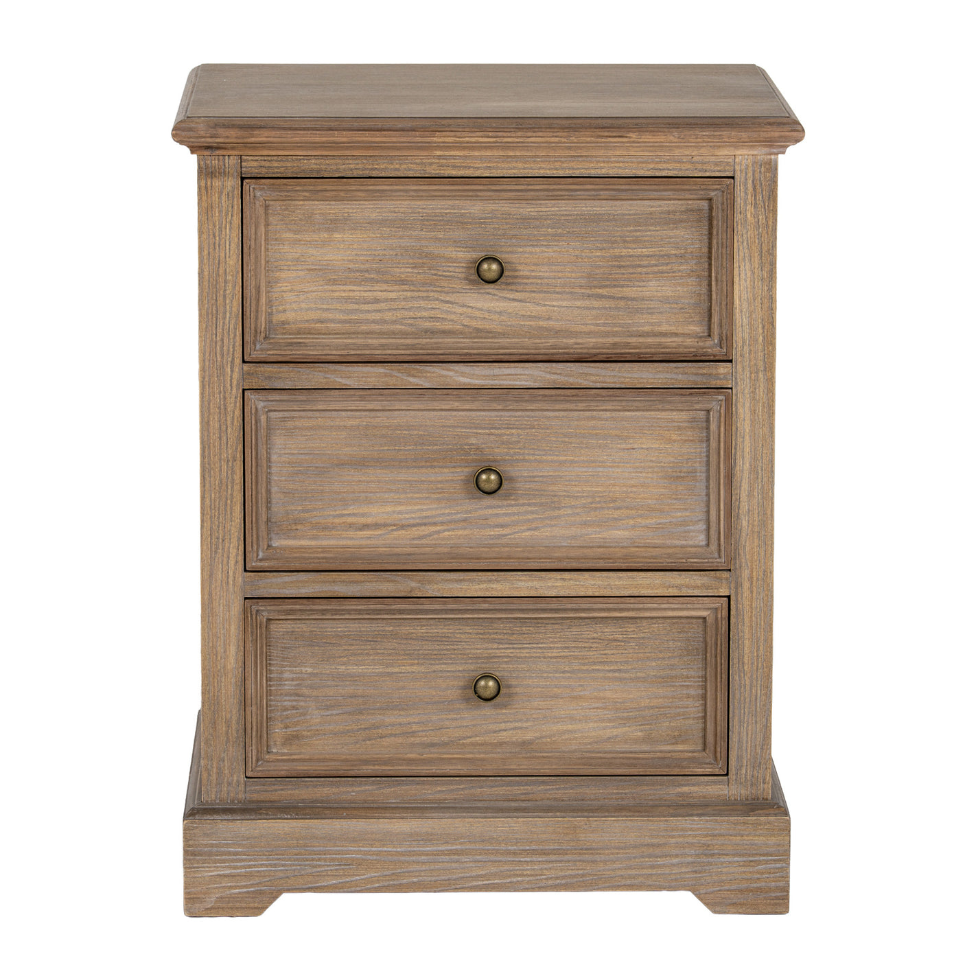 Wooden nightstand with three drawers against a white background