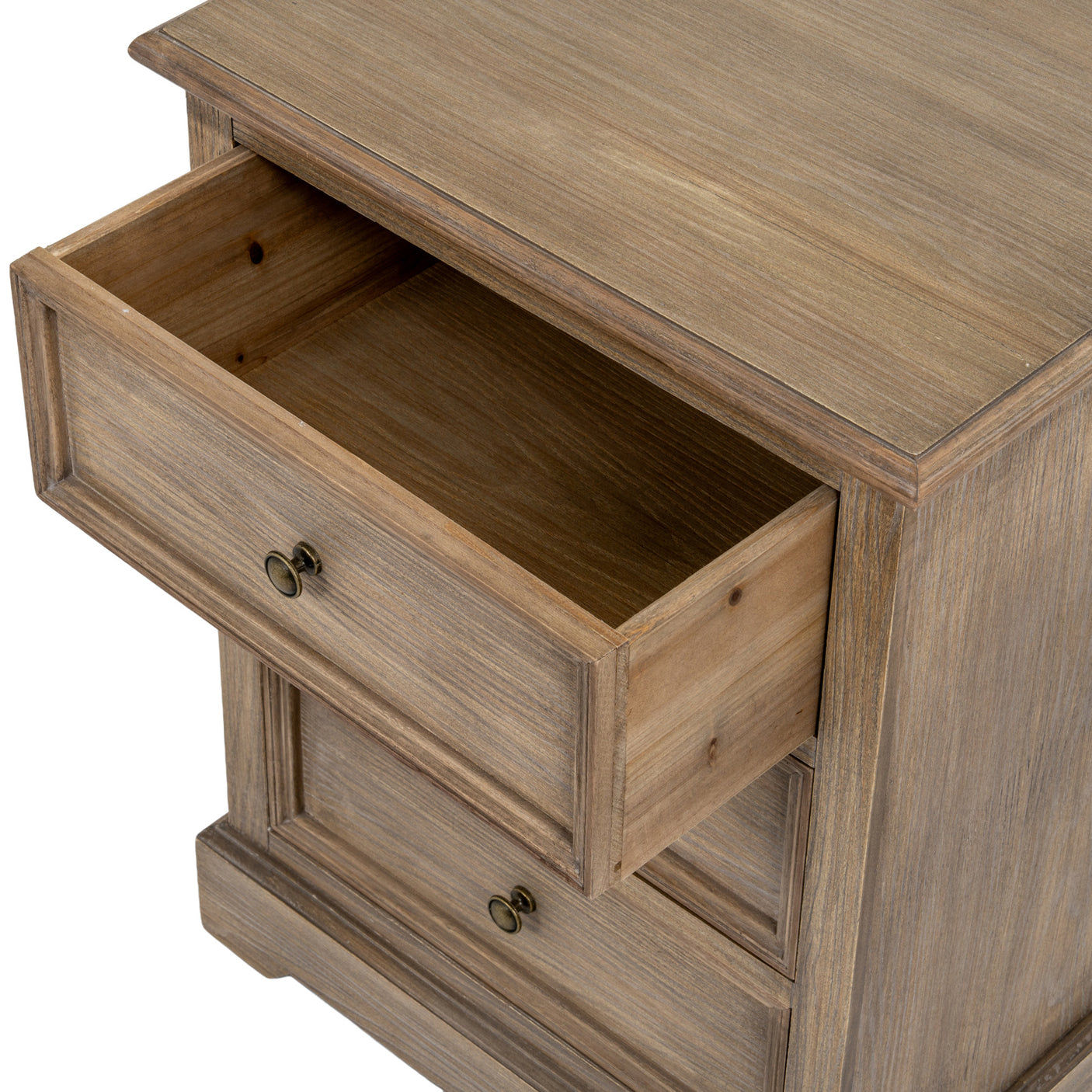 Wooden chest of three drawers with open drawer on a white background