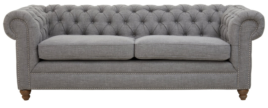 Esme Three Seater Grey Linen Chesterfield Sofa