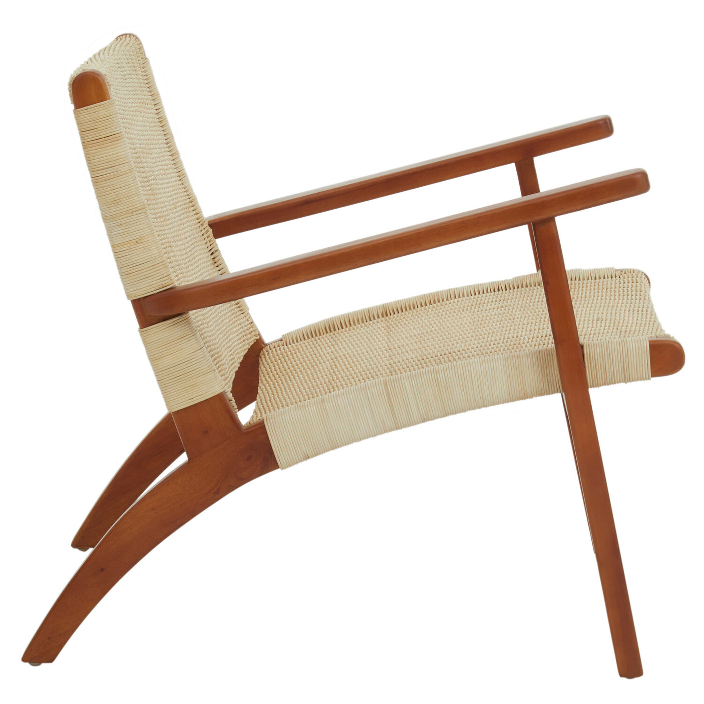 Side view of a cream woven rattan chair with mahogany frame.