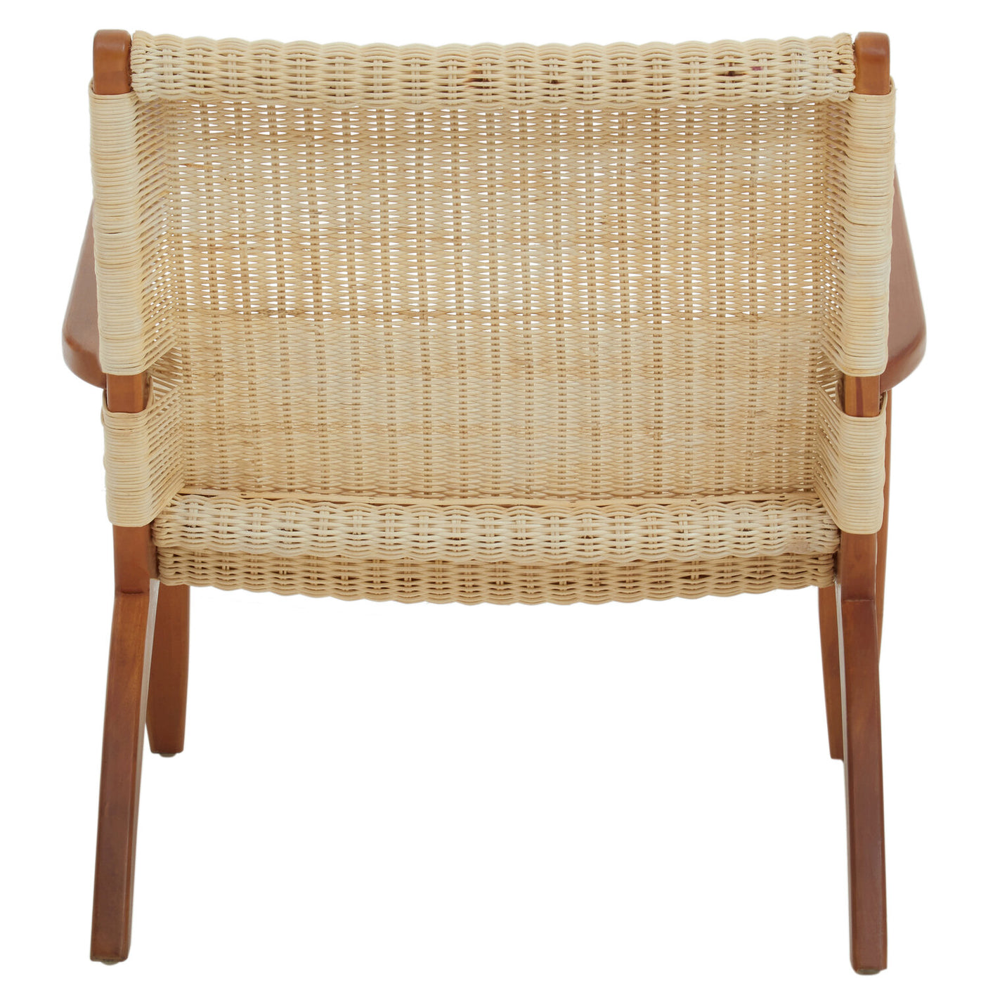 Back view of a cream woven rattan armchair.