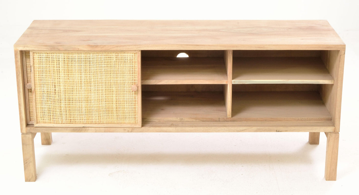 Wooden TV stand with wicker door on a white background